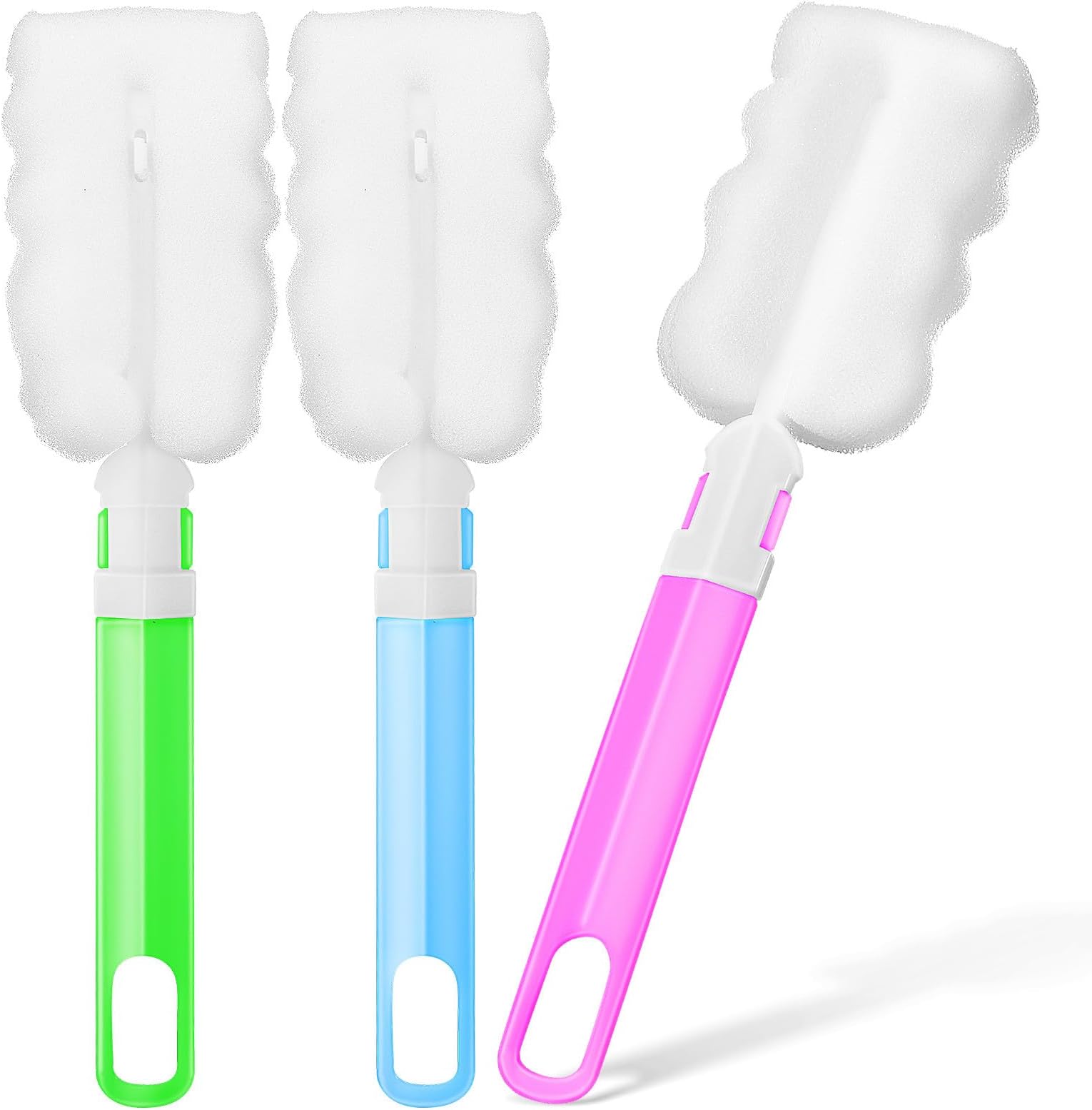 POPETPOP 3pcs Plastic Bottle Brush Set with Long 12cm Handles and 8cm Sponge Heads – Blue, Green, Pink Kitchen Bottle Cleaner Brushes Cups and Kitchen Cleaning