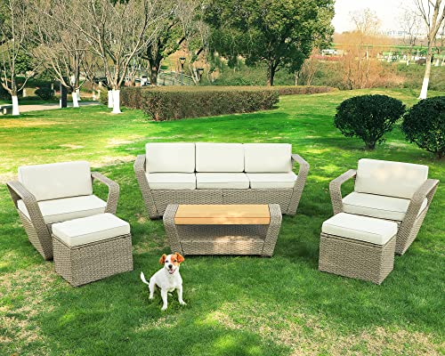 Leisu Outdoor Patio Furniture Sets 6 Pieces Wicker Rattan Outdoor Sectional Sofa Conversation Set With Ottomans Wood Coffee Table For Garden Balcony Backyard Porch (Grey+3-Seat Sofa) #TOP5