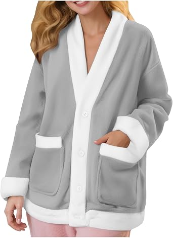 GOHRSHA Fleece Pajama Tops For Women Soft Sherpa Jacket without Hood V Neck Button Down Fuzzy Cardigan with Pockets