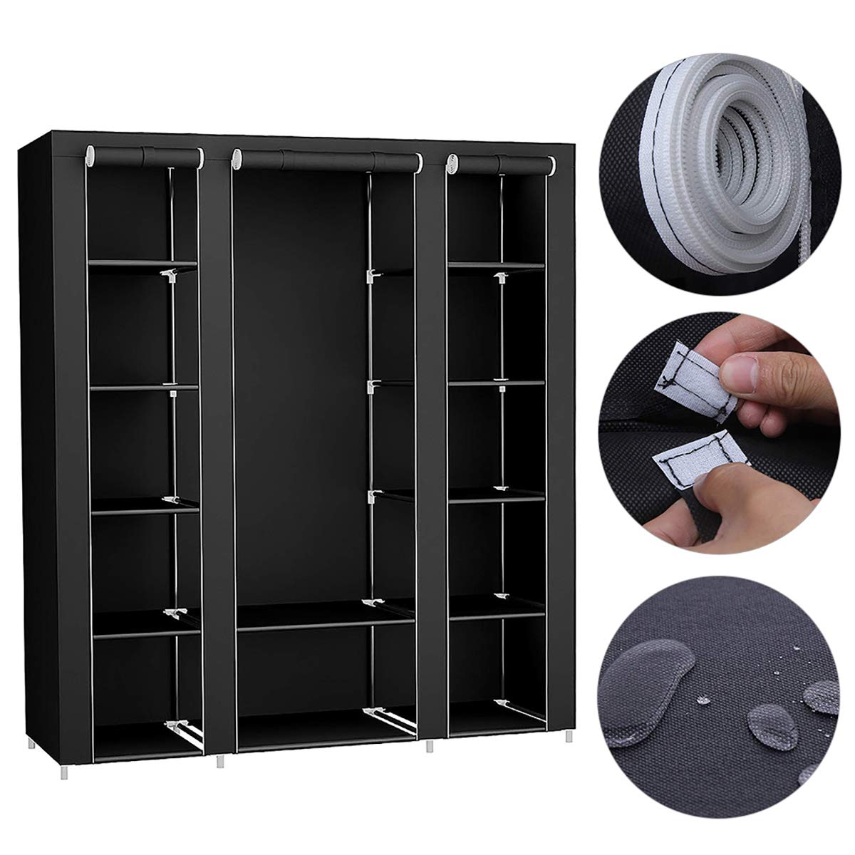 Hohe Qualität Tragbare Kleiderschrank Große Stoff Kleiderschrank Lager Organizer for Kleidung, Taschen, Spielzeug, Schuhe, Wohnzimmer, Schlafzimmer, Schwarz (Color : Schwarz)