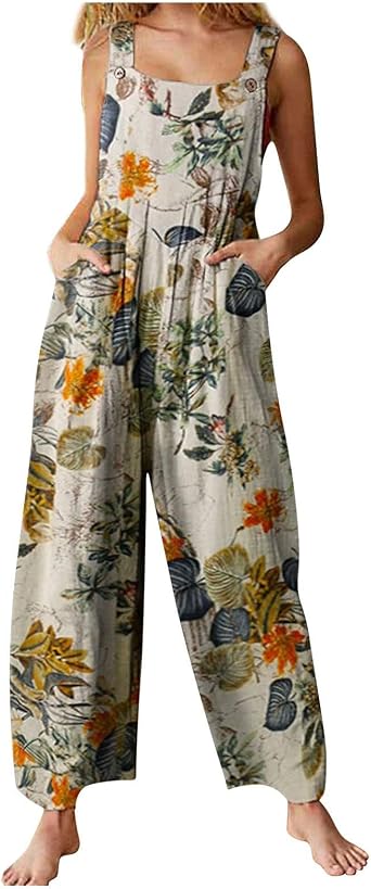 NAMTYQX وزرة كتان للنساء بالإضافة إلى حجم مناسب غير رسمي الأزهار المطبوعة الكتان Jumpsuits عالية الخصر واسعة قابل للتعديل بشكل عام