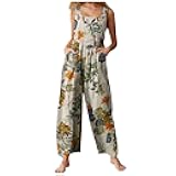 Summer Jumpsuits for Women 2025 Patchwork Casual Adjustable Straps Sleeveless Print Cute Linen Rompers with Pocket