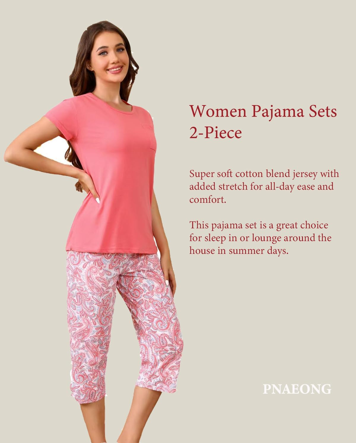 PNAEONG 2 Pack Women's Cotton Pajama Sets Short Sleeve Sleepwear Tops with Capri Pants Summer Loungewear Pj Sets S-3XL - Image 6