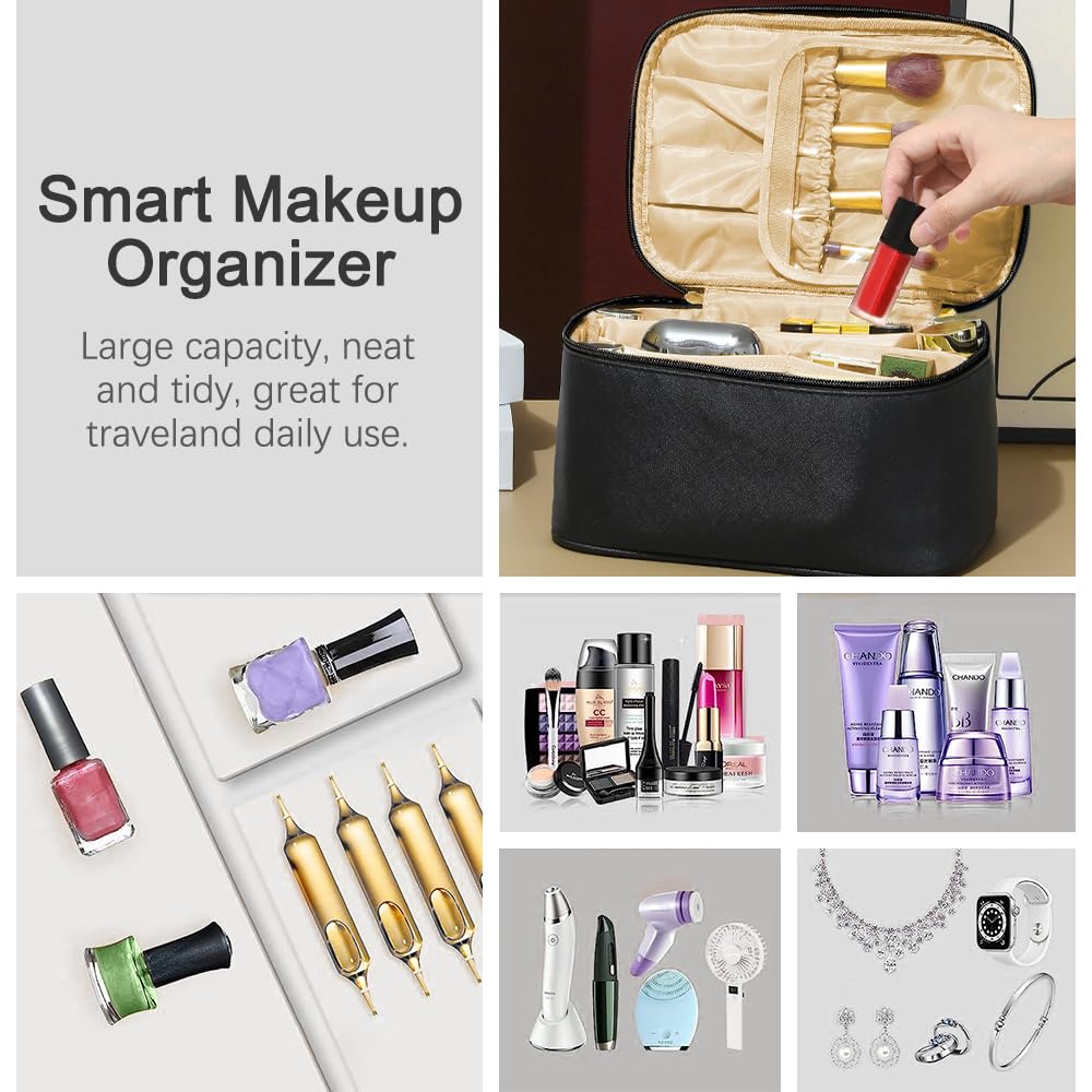 Travel Makeup Bag with Brush Compartment, Large Cosmetic Bags with 12 Pockets, Waterproof PU Leather Makeup Case with Handle - Image 2