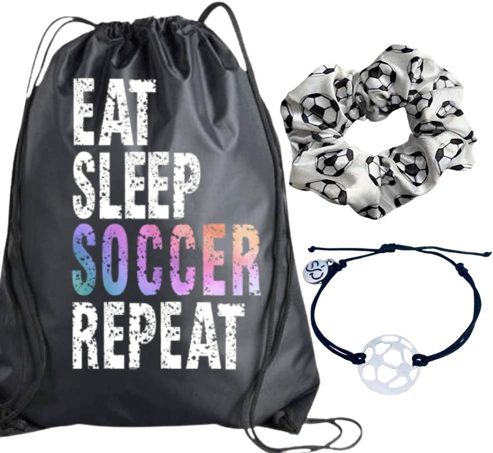 Sportybella Soccer Gift Bundle, Soccer Charm Bracelet, Drawstring Bag and Scrunchie Gift Set, Girls Soccer Accessories For Soccer Players and Teams