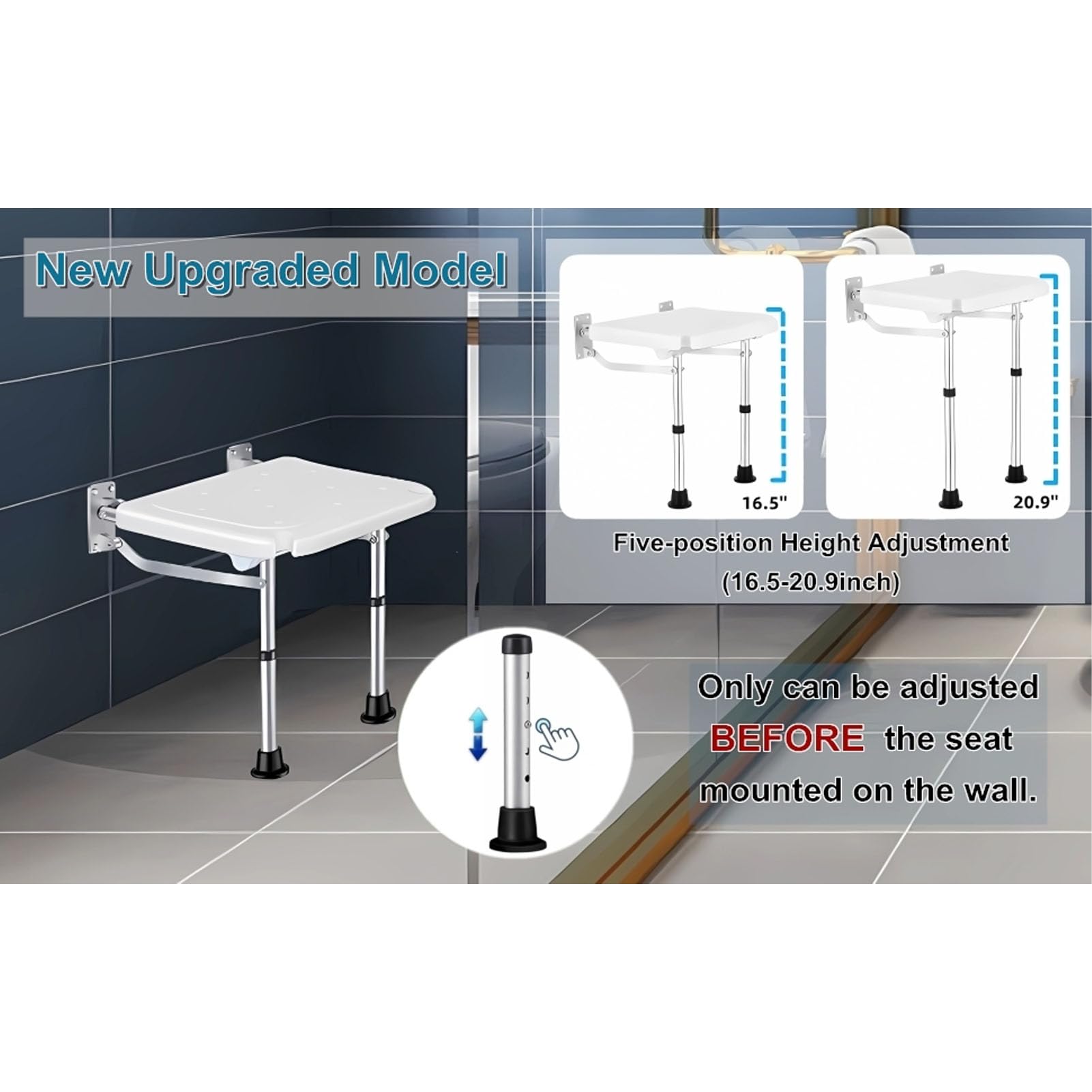 Silla de Ducha Plegable Antideslizante, Asiento de Ducha Ergonómico de Aleación de Aluminio Montado en la Pared con Llave Hexagonal, Silla de Ducha Estable Portátil para Personas