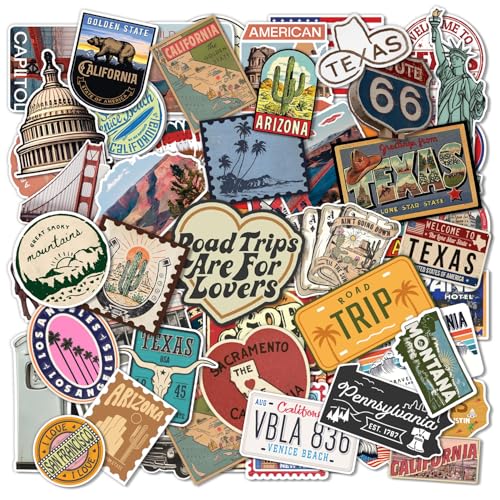 60 Pcs Travel Stickers for Luggage Water Bottles & Journaling - Vintage Road Trip Stickers Pack Travel Themed Scrapbook Stickers for Kids & Adults World Travel Vinyl Decals for Passport