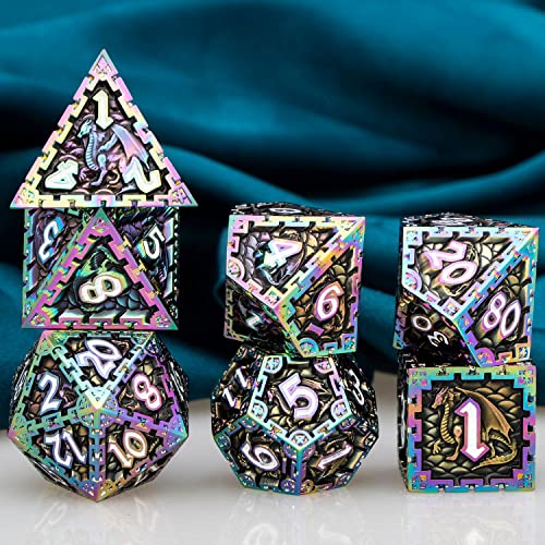 Aruohha Metal D&D Dice Set Dragon Design Dnd Rainbow Dice With Gift Box, D + D 7Pcs Large Polyhedral Dice For Dungeons And Dragons Rpg Role Playing Games Handmade D And D Dice D20 D12 D10 D8 D6 D4 #TOP5