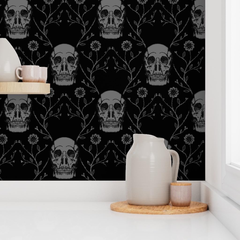 Spoonflower Peel & Stick Wallpaper 3ft x 2ft - Vintage Skull Damask Black Grey Skull Spooky Bone Zombie Custom Removable Wallpaper