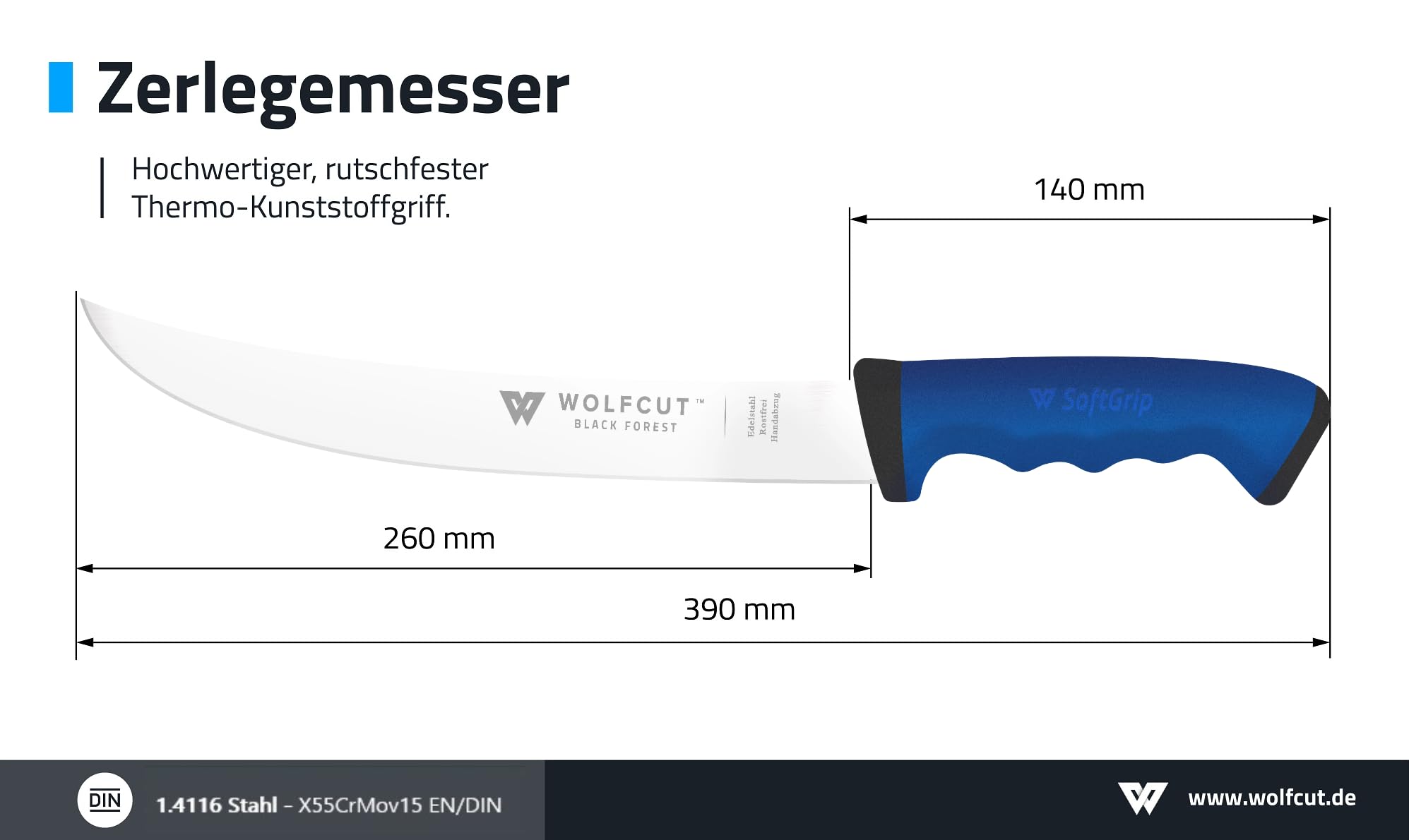 Wolfcut SoftGrip seria BLUE – 5-częściowy zestaw noży rzeźniczych – nóż do filetowania 13 i 15 cm, nóż do wykrawania, nóż do krojenia