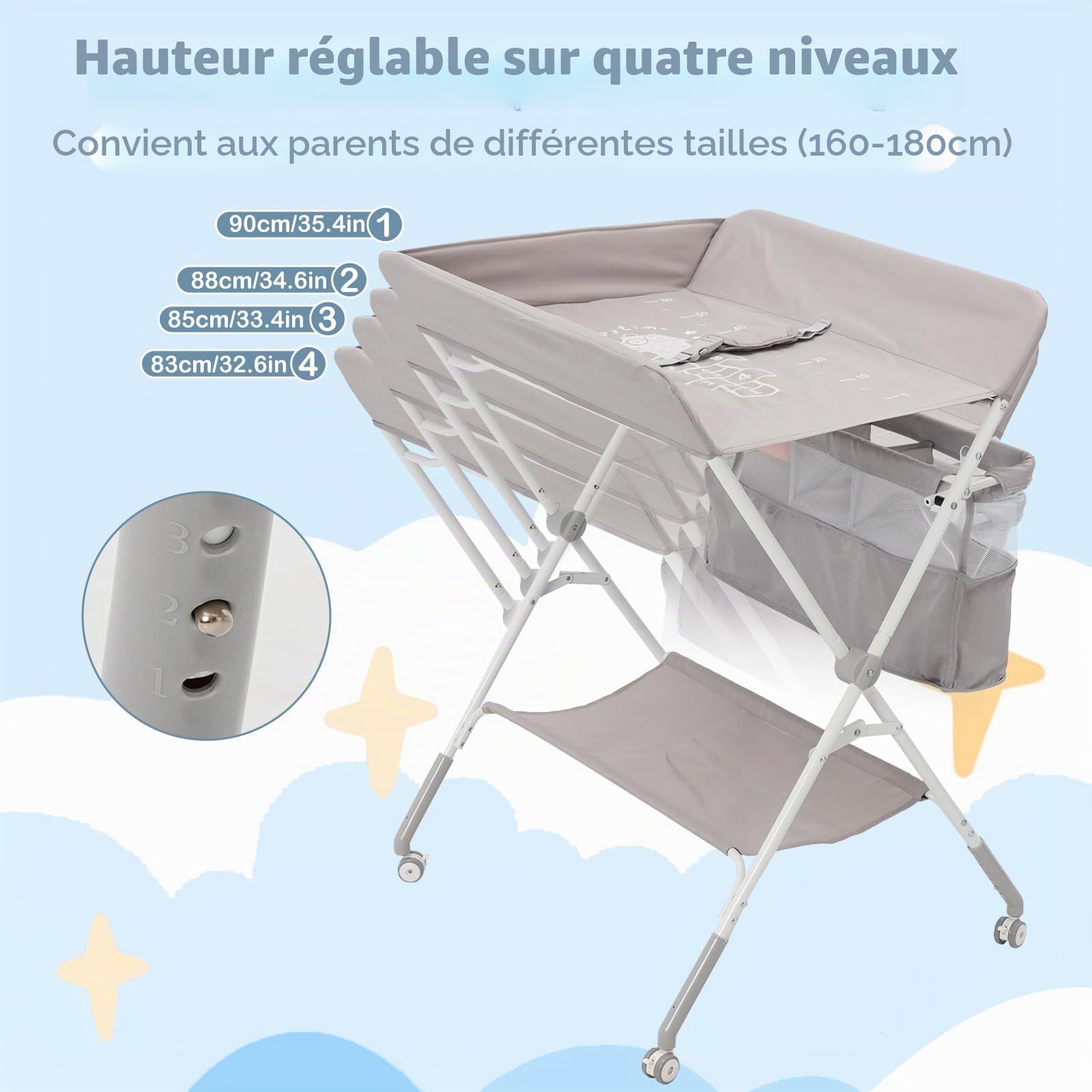 Table à langer pliable avec pieds réglables en hauteur et roues verrouillables | Station à Langer Portable Anti-basculement avec Rangement pour Nouveau-né 0-12 Mois (Gris)