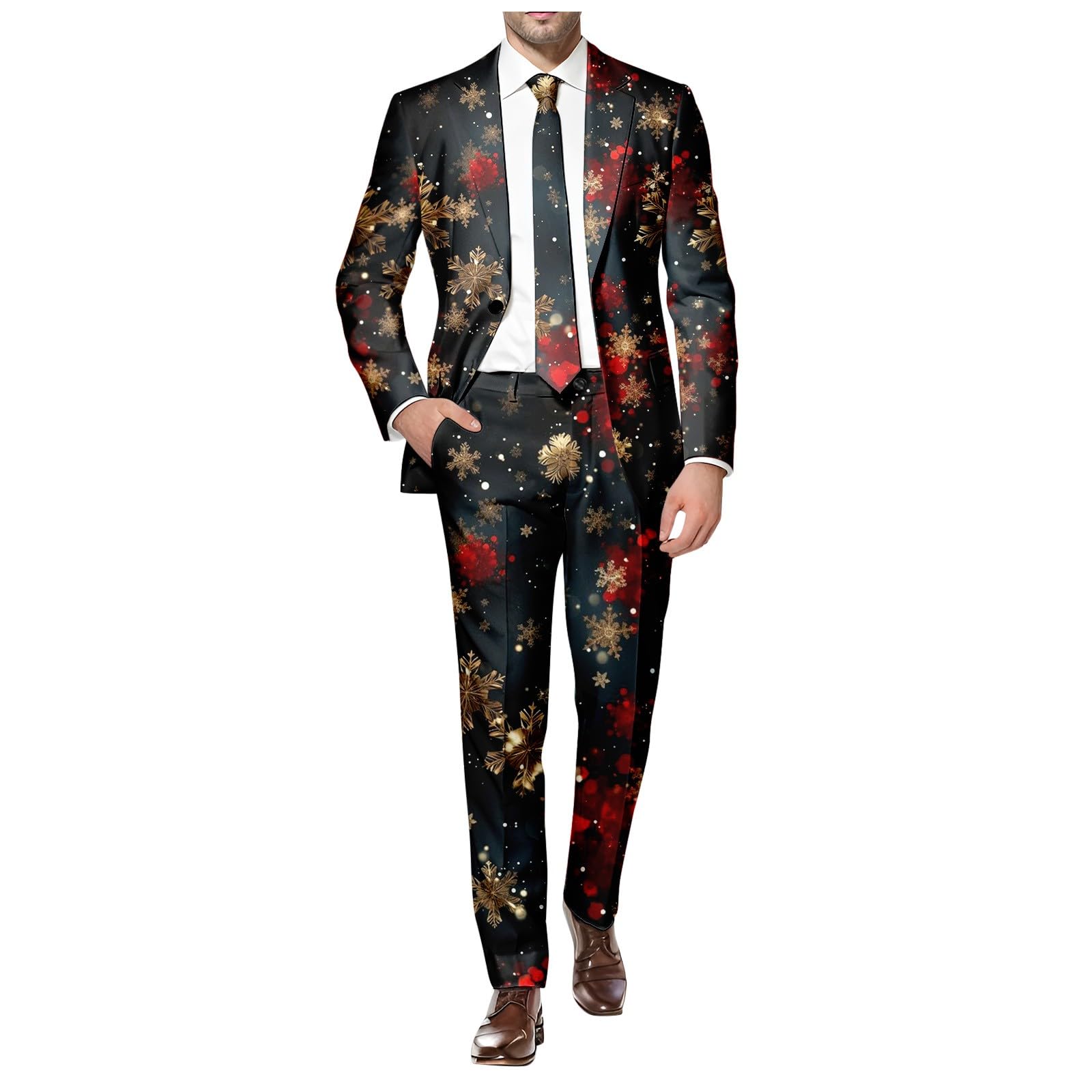 Christmas Suits for Men UK 2 Piece Mens Suits Set with Reindeer Snowflake Printed Tuxedo Blazer & Trousers Notched Lapel One Button Christmas Fancy Dress Novelty Festive Costume Outfit