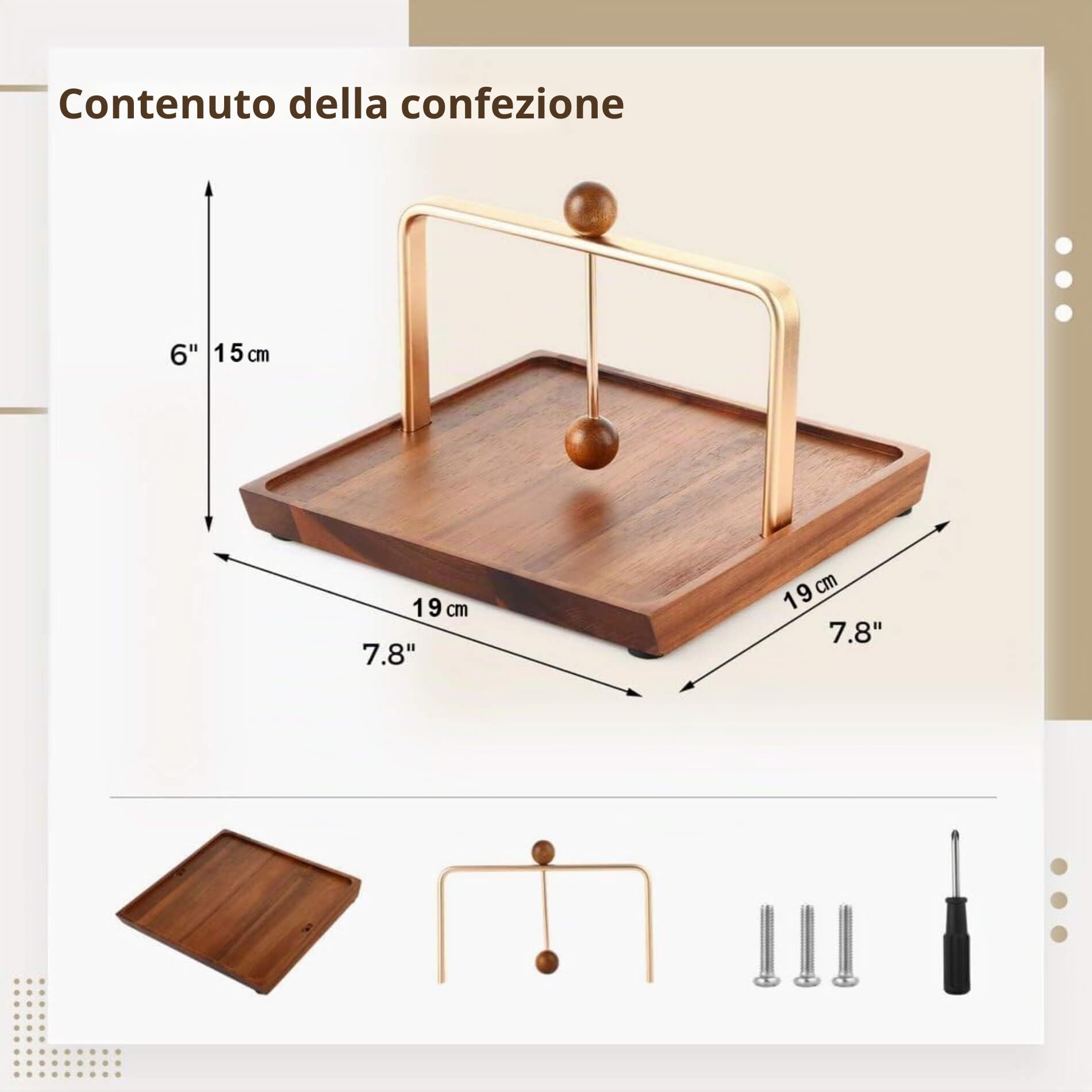 Portatovaglioli da Tavolo in Legno di Acacia e Metallo Dorato, con Braccio Fermatovaglioli Ponderato, Design Moderno ed Elegante per Cucina, Ristorante e Giardino