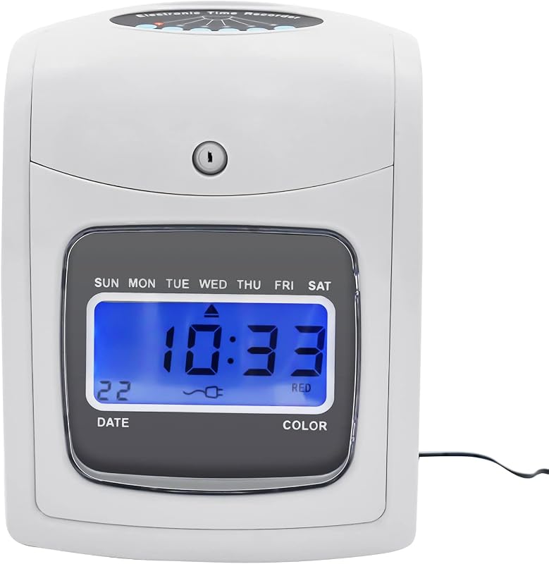 Time Clock Punch Card Machine, LCD Employee Attendance Tracker, Auto-Absorb & Retreat Cards with Ringing Alert, Includes 50 Time Cards & 2 Security Keys, Small Business Check-in System