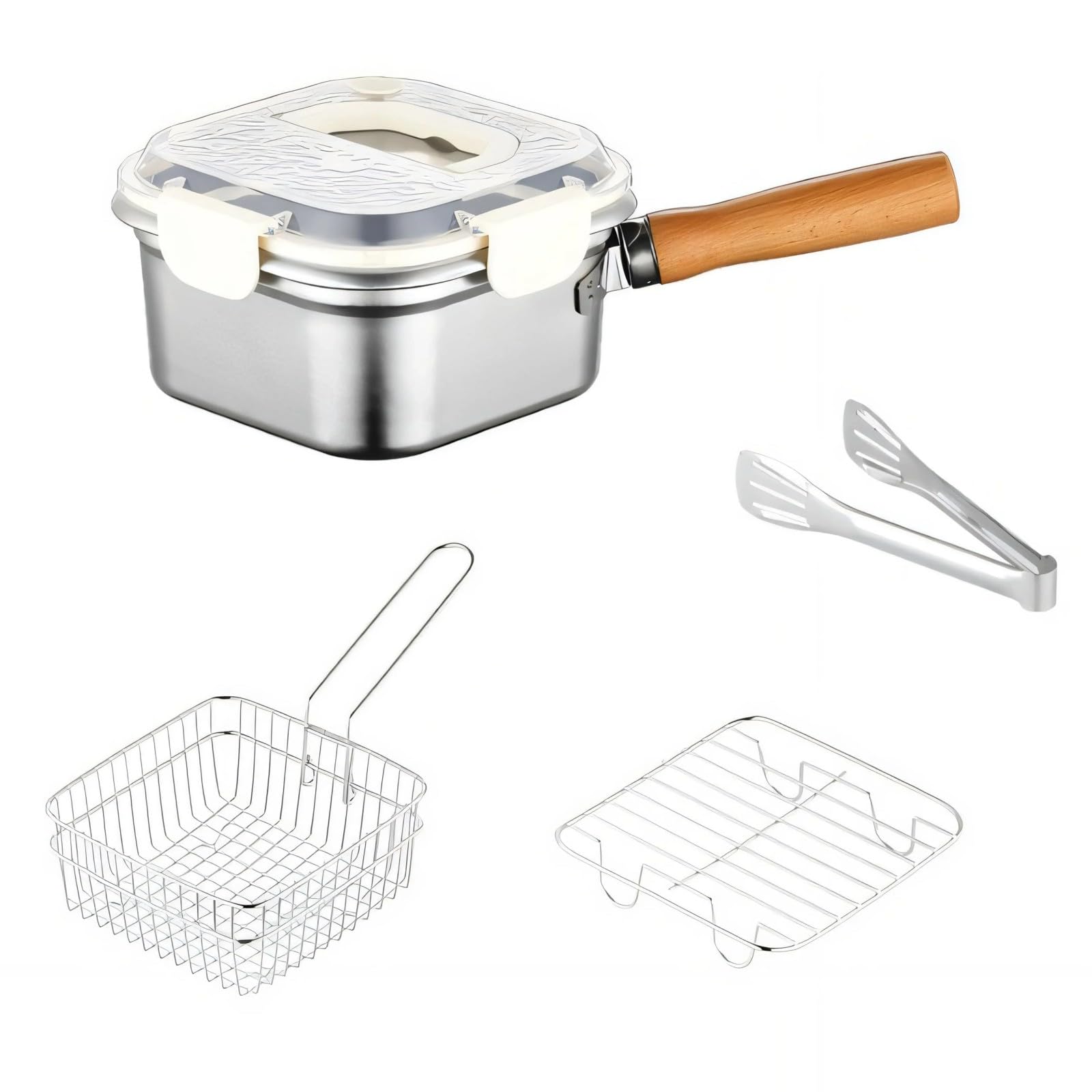Type Stainless Steel Fryer Basket Oil Strainer Set Splash Guard Fry Lid Easy Maintenance Kitchen Tool Rust Free Pan