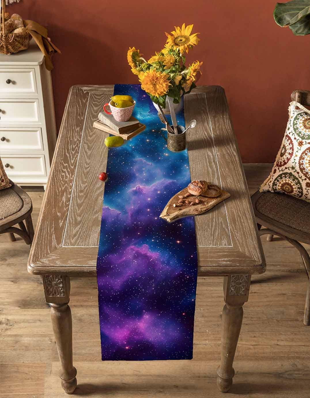 Dining Table Runner Dresser Scarf Linen Burlap Fabric,Galaxy Stars in Space Universe Celestial Astronomical Planets Washable Table Runners 72 Inches Long for Home Kitchen Wedding Party Decor