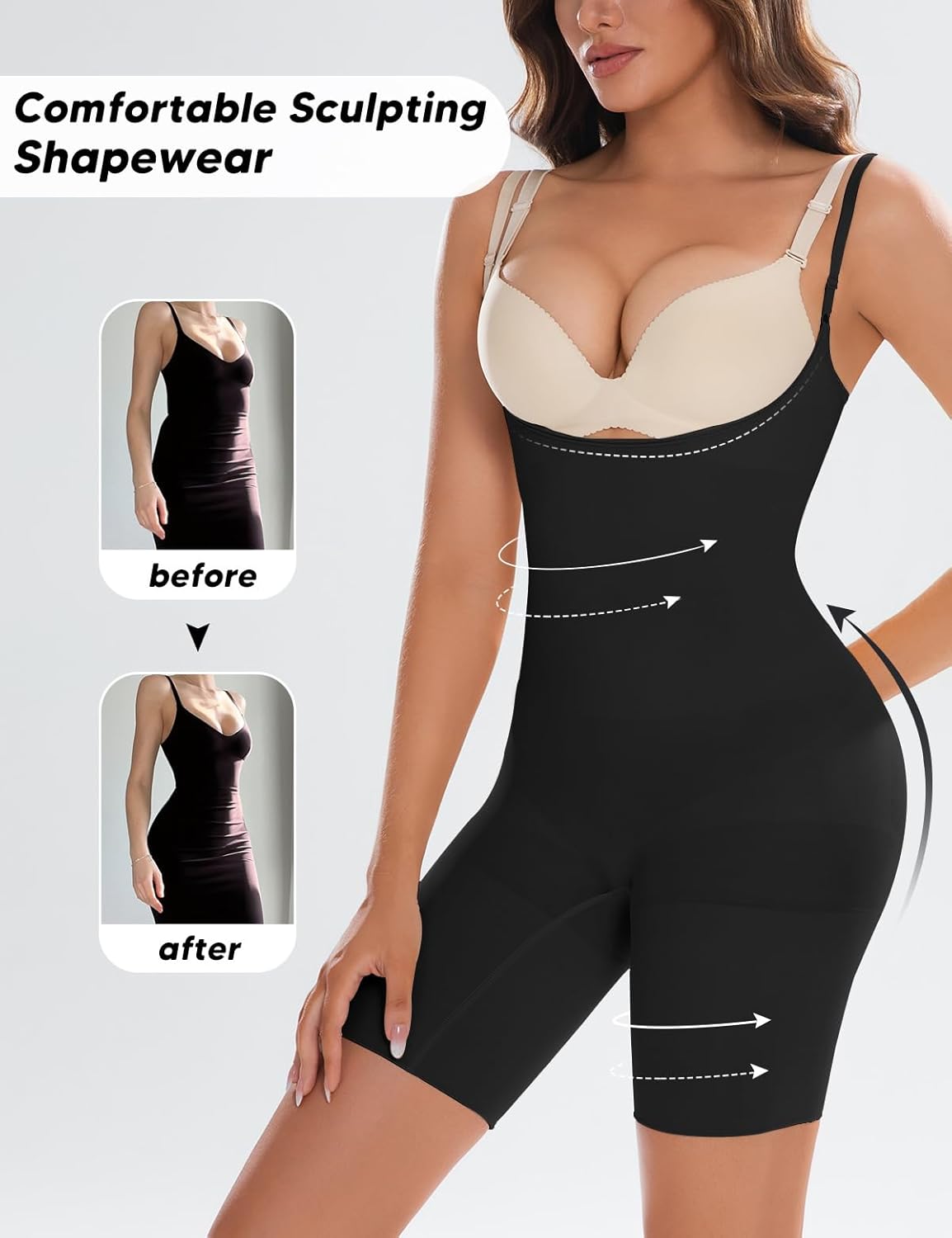 Open Bust Shapewear Bodysuits for Women Tummy Control Mid-thigh Slimmer Butt Lifting Body Shaper - Image 4