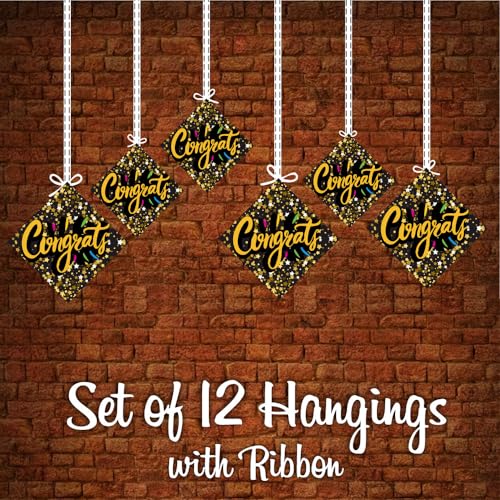 Image of Balloonistics inchCongrats inch Theme Hanging Decorations (Pack of 12) - Double-Sided Cardstock Congratulations Bunting for Graduation, Promotions & Success Parties - Elegant Achievement Ceiling Decor with Ribbons (Hangings - Pack of 12)