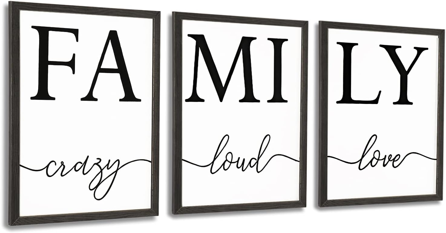 Mokof Farmhouse Family Wall Art Set of 3 - Rustic Wood Framed Wall Decor for Living Room, Family Signs Prints on Wood (Not Print Paper) 12"x16" (3 Panels)