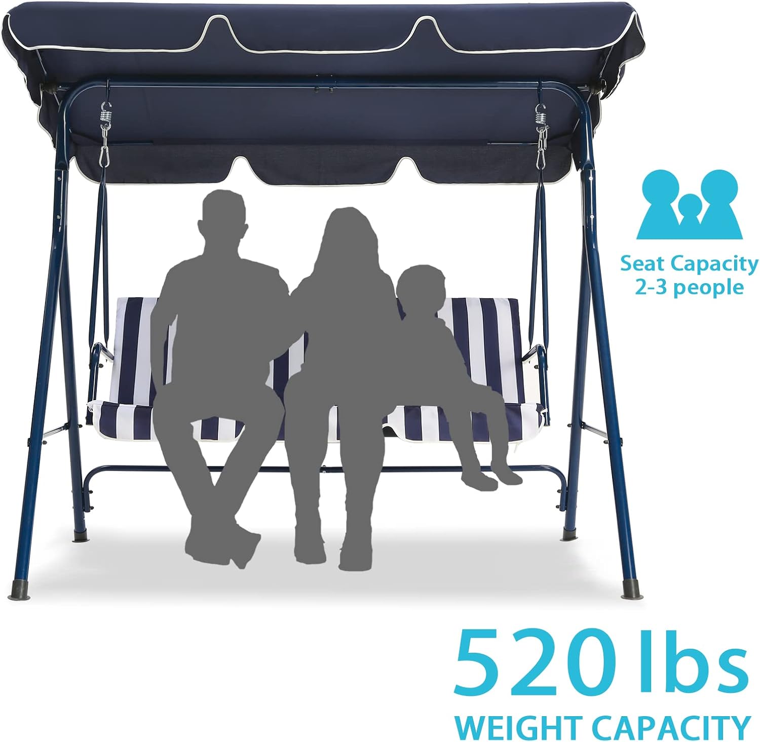 SUPERJARE Porch Swing with Adjustable Height Chain, 70’’ Convertiable Canopy Outdoor Swing, 3 Person Patio Swing, Outside Swing Chair for Yard, Garden, Poolside - Blue and White