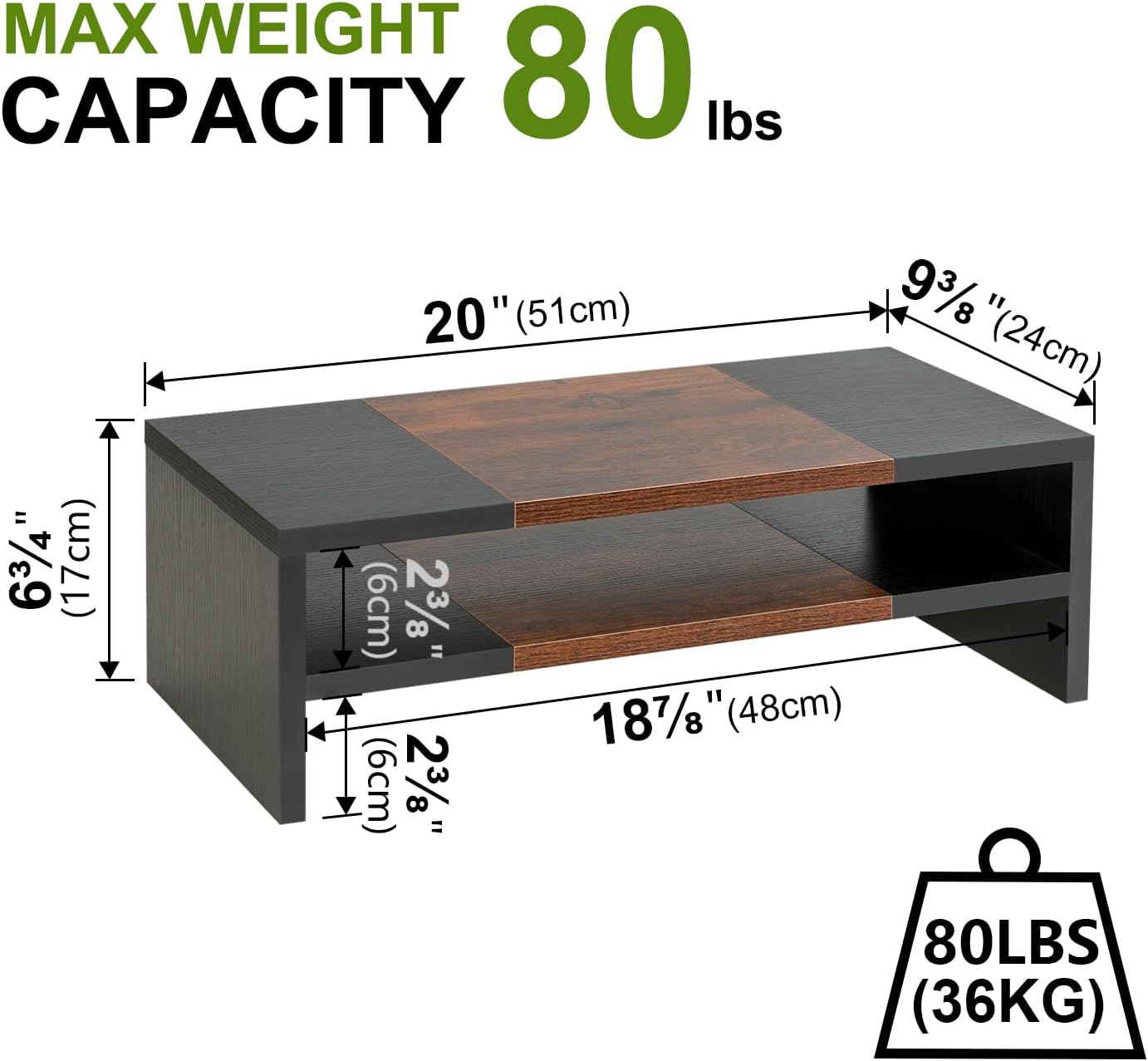TEAMIX 2 Tiers Desktop Monitor Stand Riser 20 Inch Printer Stand with Storage Small TV Riser Laptop Wooden Desk Organizer Shelf Bookshelf (Black+Brown, 2 tiers)