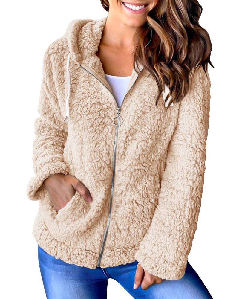 Womens Sherpa Long Sleeve Jacket Fleece Zip Up Hooded Chunky Pockets Coat Tops