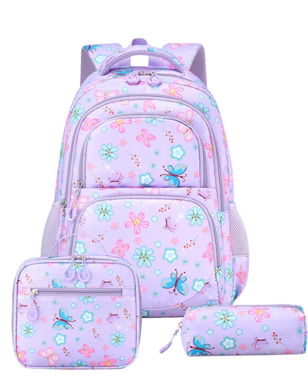 Zaino da Viaggio 3 in 1 Farfalla Florale Stampa Set Scolastico con Sacchetto A Pranzo E Borsa Matita per Ragazze Adolescenti