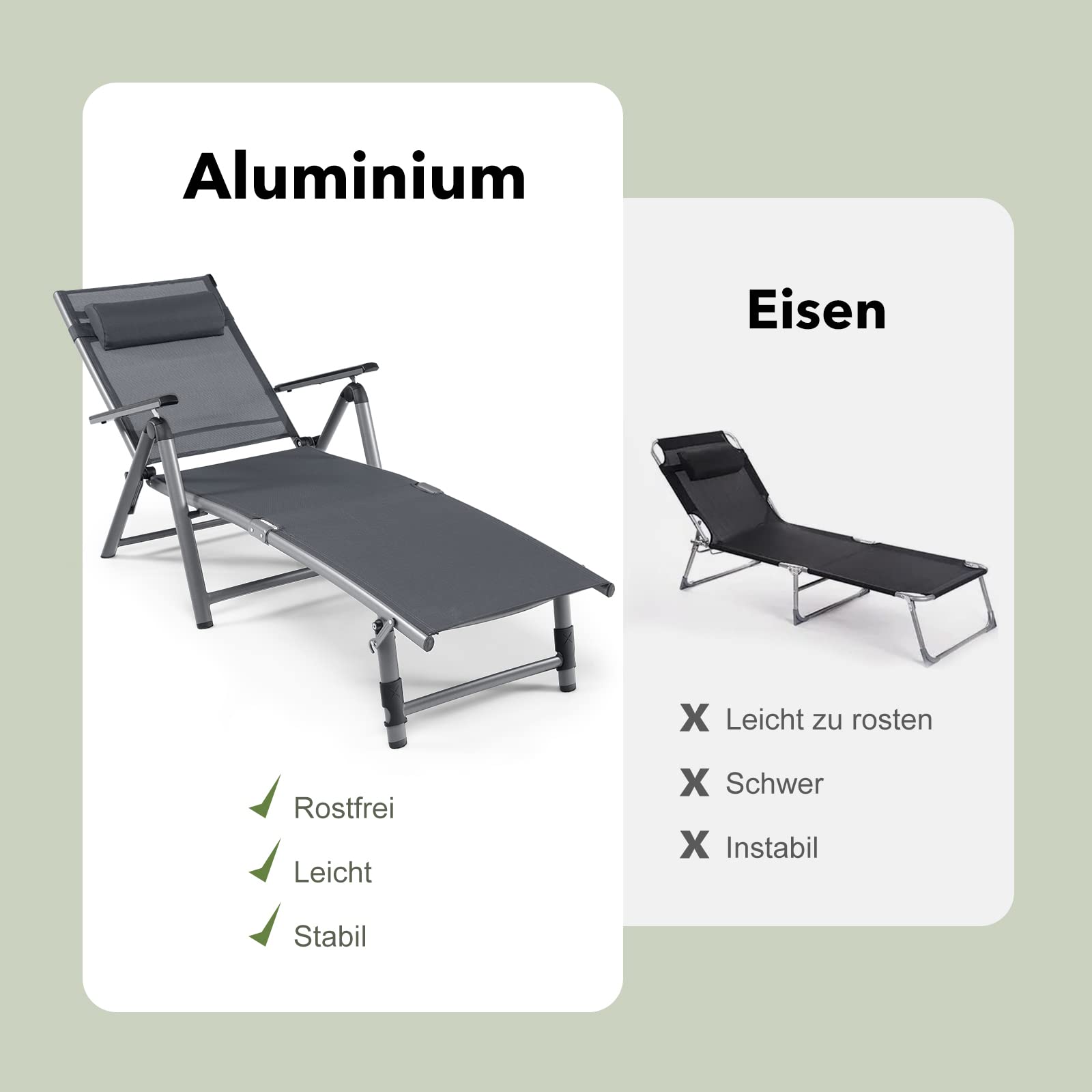 COSTWAY Sonnenliege klappbar, Aluminium Gartenliege mit Verstellbarer Rückenlehne & Fußteil, Kopfkissen, Armlehnen, Liegestuhl mit schnell trocknendem Stoff, Klappliege für Garten, Balkon, Terrasse