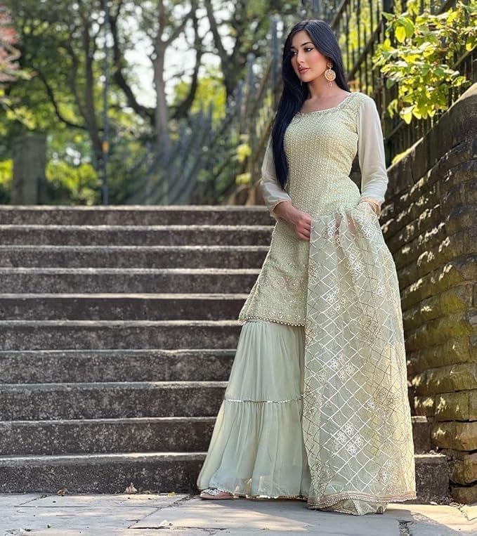 Image of Women's Designer Chinon Silk Sharara Suit Set, Sequence Embroidery Kurti with Tiered Sharara and Dupatta