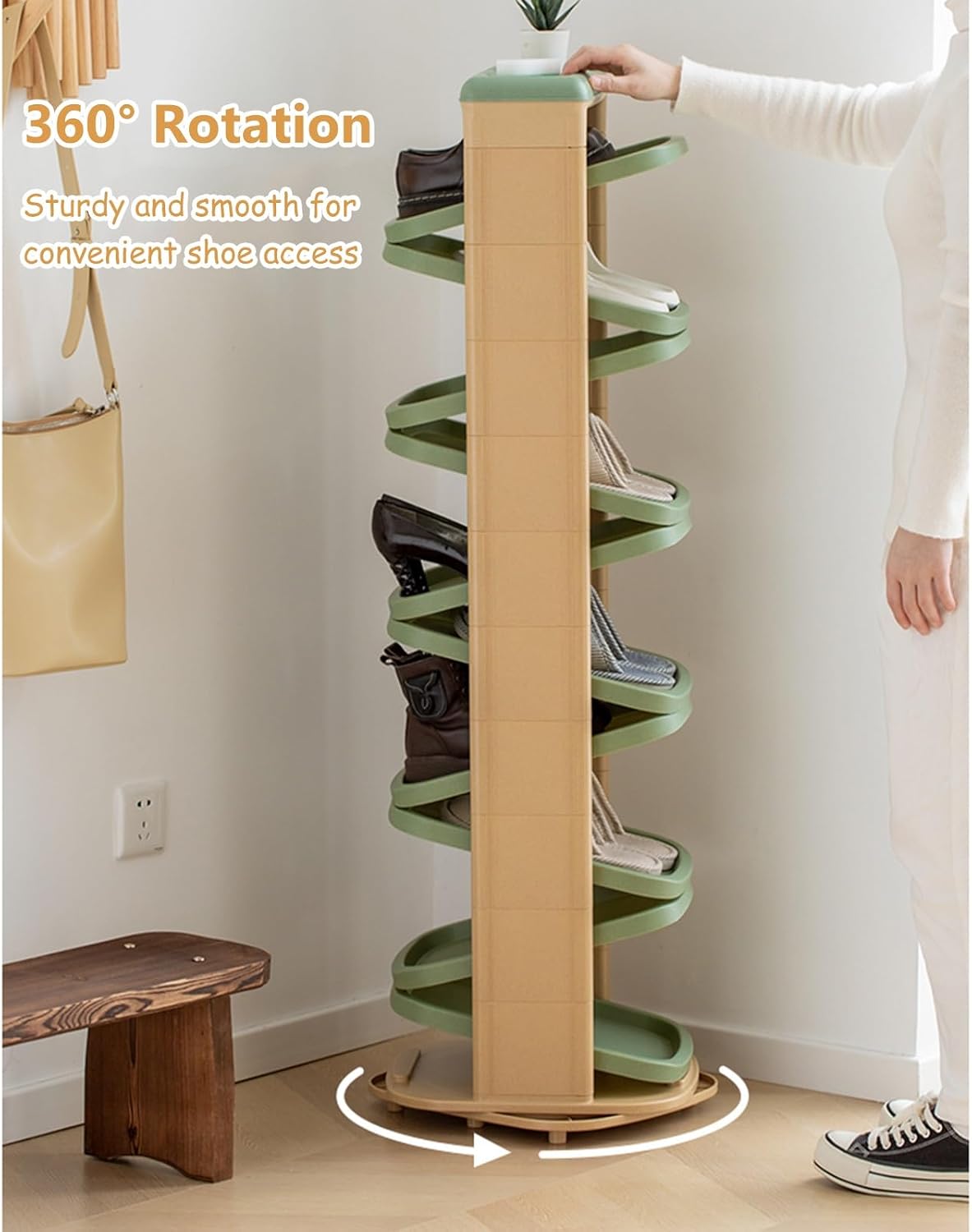 360° Rotating Shoe Rack - Space-Saving PVC Shoe Organizer for Closet, Entryway, Garage, Bedroom - Lazy Susan Vertical Shoe Storage Tower, 6/8/10-Tier Options,H 123cm/48.4in 10 Layers