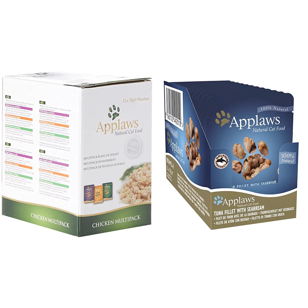 Applaws 100% Natural Wet Cat Food, Chicken Selection in Broth Pouch, 12 x 70 g Pouches & Wet Cat Food, Tuna Fillet with Seabream in Broth Pouch, 12 x 70g