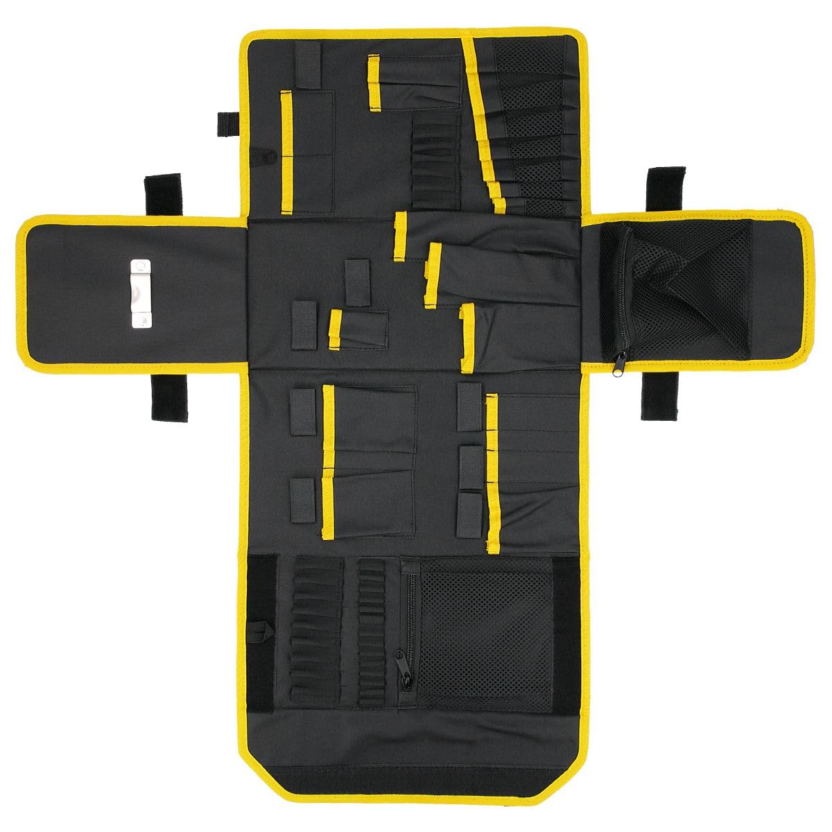 Tough Master Black & Yellow Tool Roll Up Bag With 54 Pockets Multi-Purpose Transformer Bag With Hanging Design Made Of Water Resistant Materials Ideal For Mechanical Carpenter Electrician Plumber