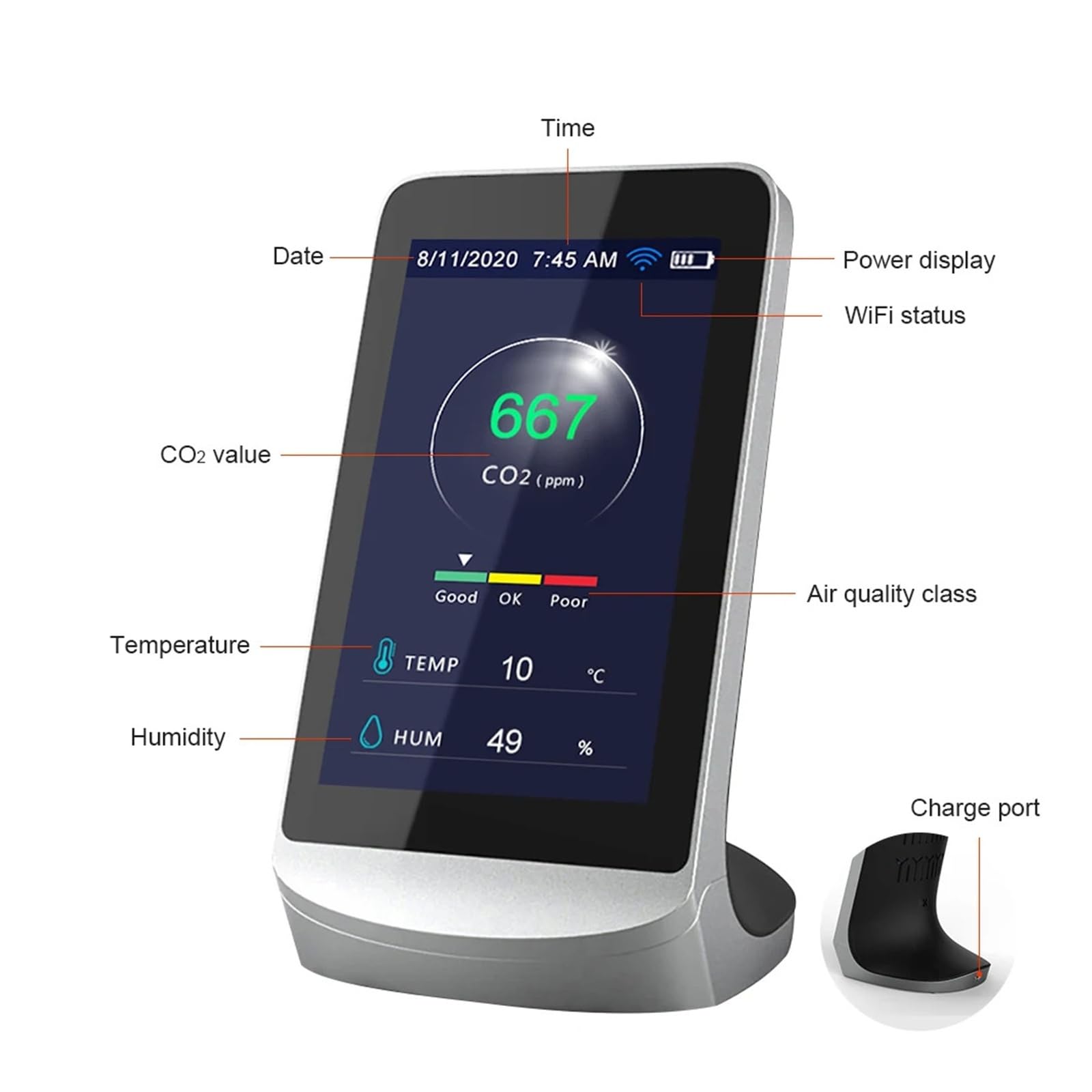 Monitor jakości powietrza DM72C WIFI, detektor CO2 400-5000 PPM, analizator temperatury i wilgotności do pracy domu Daty w czasie rzeczywistym