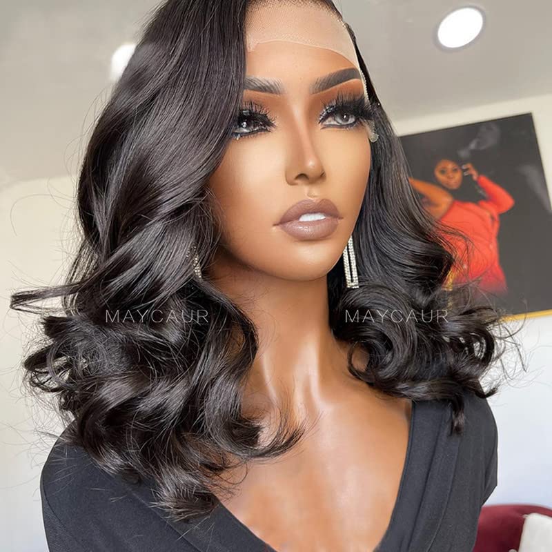 Maycaur Natural Black Color Wavy Hair Full Lace Human Hair Wigs Body Wave Lace Front Wigs With Natural Baby Hair 150 Density(14Inch, lace front wig)