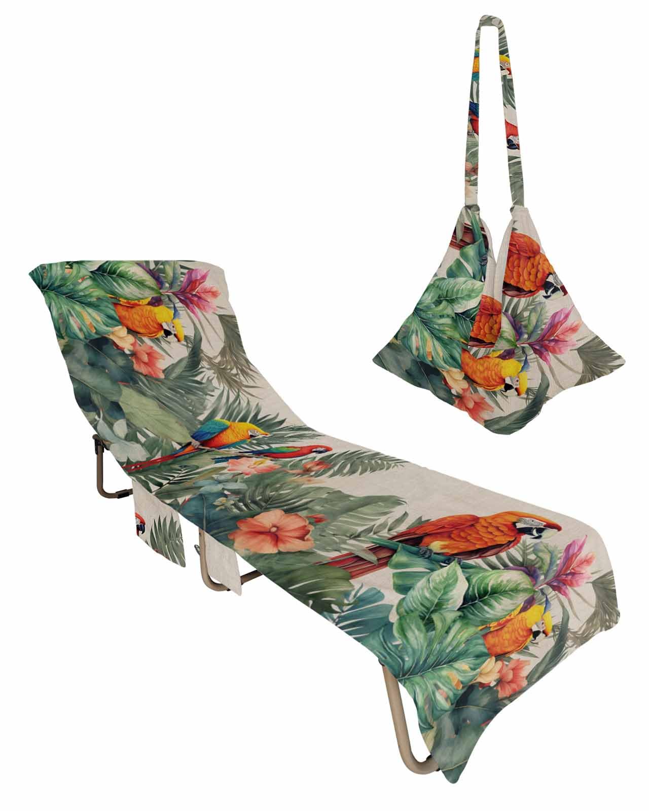 Summer Botanical Beach Lounge Chair Towel Cover, Soft Chaise Lounge Towel with Side Pockets Patio Pool Chairs Cover for Beach/Pool Sunbathing 29x85 Tropical Plants Birds Farmhouse