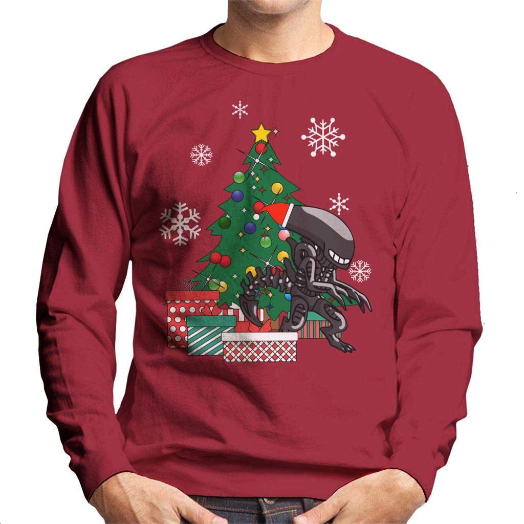 Cloud City 7 Men's Cherry Red Alien Xenomorph Around The Christmas Tree Sweatshirt