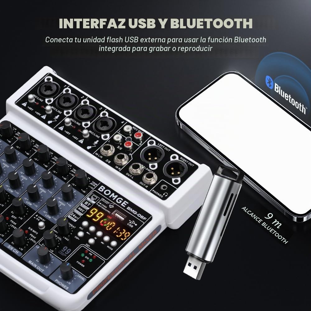 BOMGE Consola mezcladora de sonido mini DJ de 6 canales con interfaz USB, Bluetooth, grabación estéreo, alimentación fantasma de 48 V, 24 efectos DSP para karaoke, canto, en vivo, transmisión,