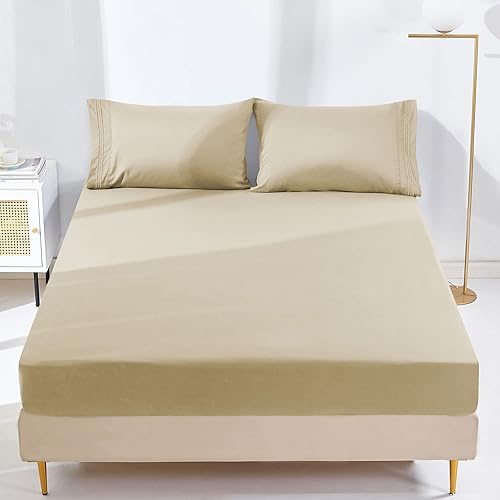 YIYEA Sábana bajera ajustable con funda de almohada, 1800 hilos de microfibra de doble cepillado con bolsillo profundo, sábana bajera ultra suave,