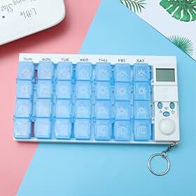 Organizador semanal de comprimidos 7 dias, 28 compartimentos, estojo de medicamentos com vários alertas LCD retroiluminado, lembrete de viagem para suplementos e medicamentos, azul