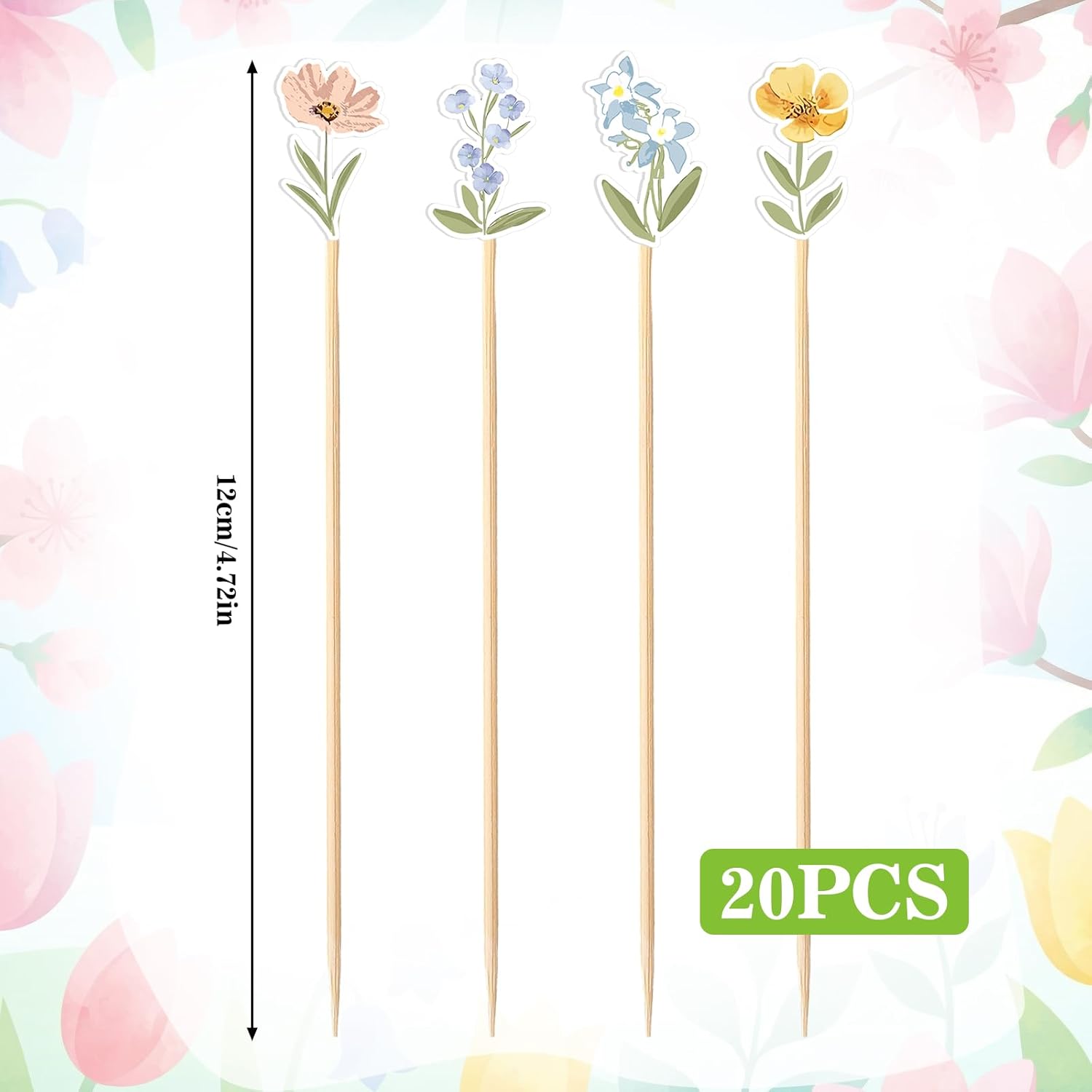 Bokon 200 Pcs Wildflower Cocktail Picks Long Spring Flower Bamboo Toothpicks Wildflower Party Supplies Drink Fruit Appetizers Decoration Skewer Stick for Baby Showe Shower Wedding Valentines Supplies