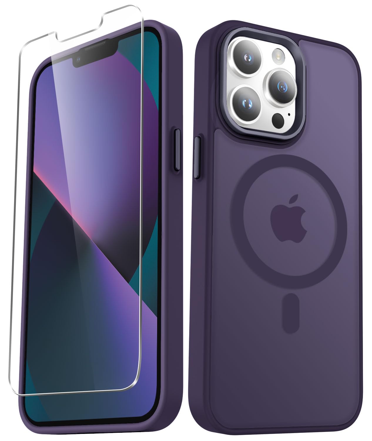 for iPhone 13 Pro Max Case, Matte Magnetic Phone Case with 1 Screen Protector, Support for Magsafe, Translucent Frosted Slim Shockproof Protective Cover for iPhone 13 Pro Max 6.7 inch, Purple