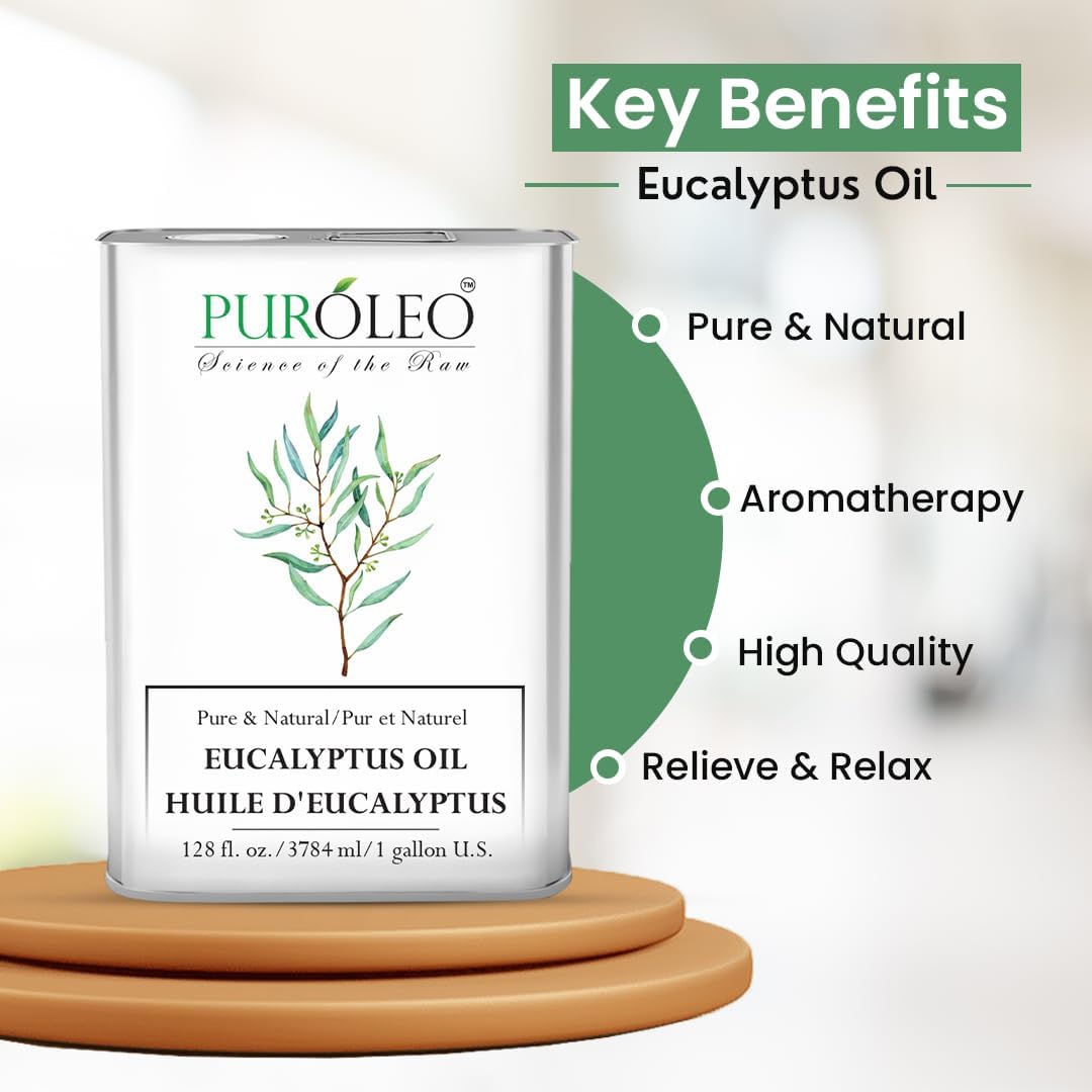 PUROLEO Eucalyptus Essential Oil 128 Fl Oz/3785 ML (Made in Canada) 100% Pure | Natural Aromatherapy Oil for Diffuser, Massage, Shower, Bath Oil Steamers, Sauna | huile essentielle