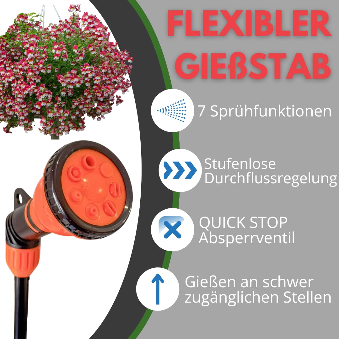 Gießstab 65cm mit 7 Funktionen Sprühbilder & QUICK STOP - Gartenbrause Zauberstab für Garten - Blumenampel - Bewässerung - Reinigung