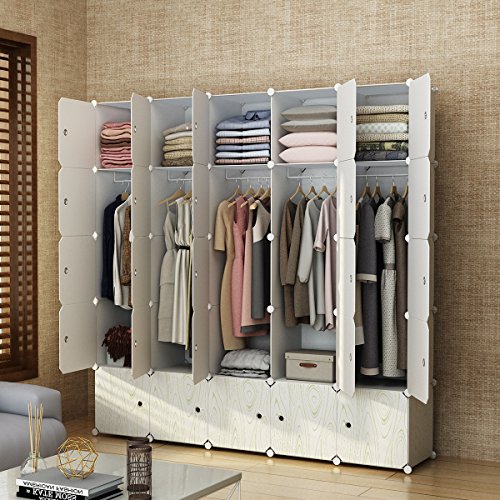 MAGINELS Closet Shelves Wardrobe Clothes Organizer Cube Storage Armoire Cabinet Dresser for Bedroom Portable Wood Grain 10 Cube & 5 Hanging Section