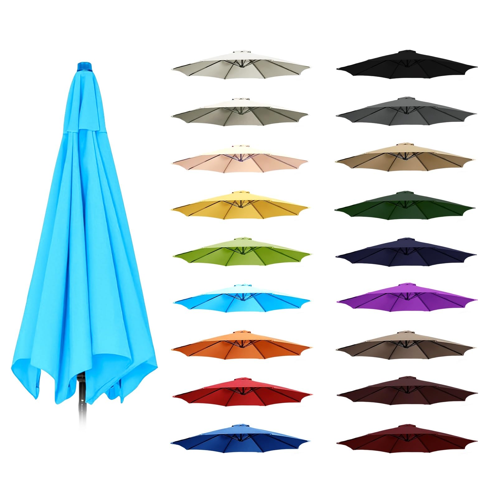 6.5ft To 11.5ft Thick Polyester Umbrella Replacement Canopy Fade Tear Resistant Reinforced Rib Pocket Top Vent Sunproof 6&8 Rib Patio Garden Parasol Top Multi Color Lake blue 7.5FT/2.30M-8Ribs