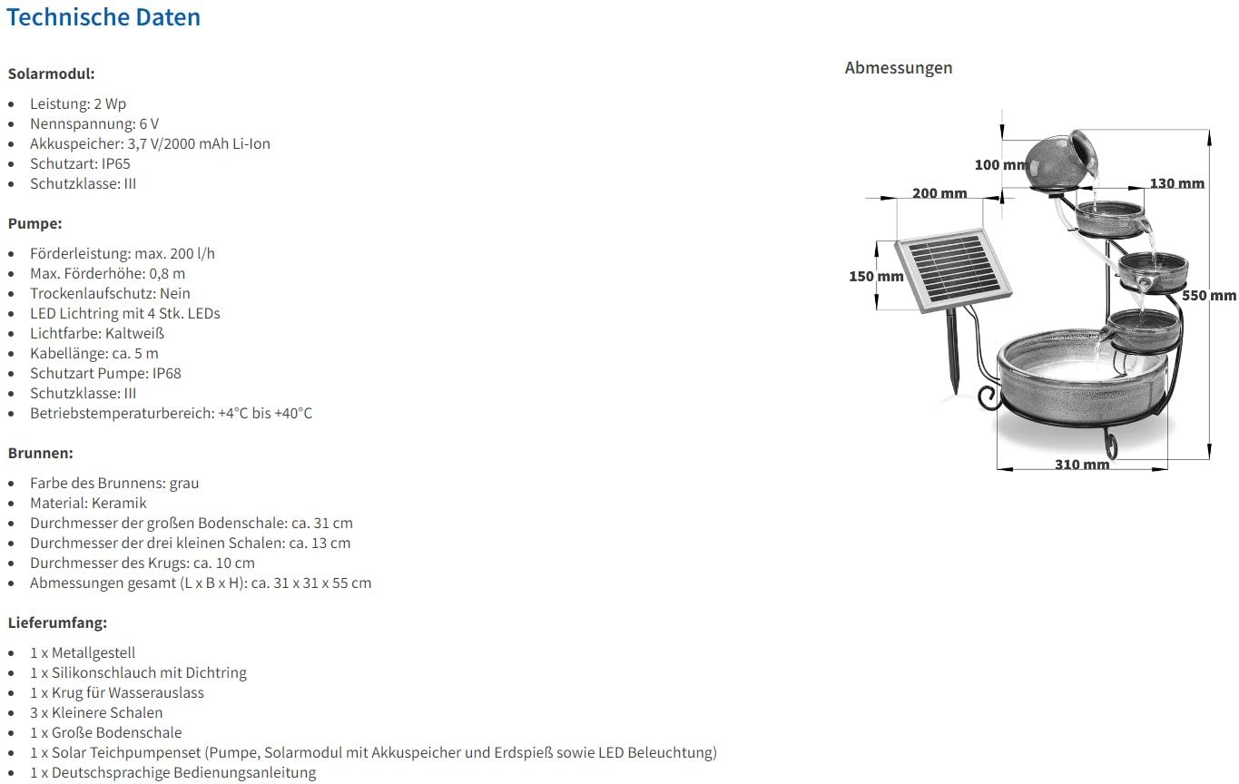 esotec Solar Kaskadenbrunnen Keramik Gartenbrunnen Pisa, Akku + LED Wasserspiel Springbrunnen außen, terrakotta grau H=55cm 101300