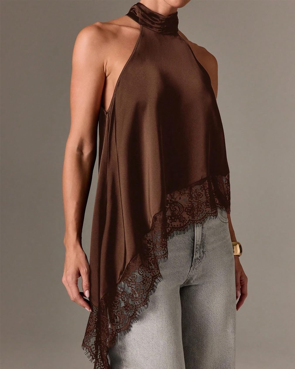 Women Y2k Satin Sleeveless Mock Neck Lace Trim Tank Top Elegant Backless Asymmetric Hem Going Out Halter Tops - Image 3