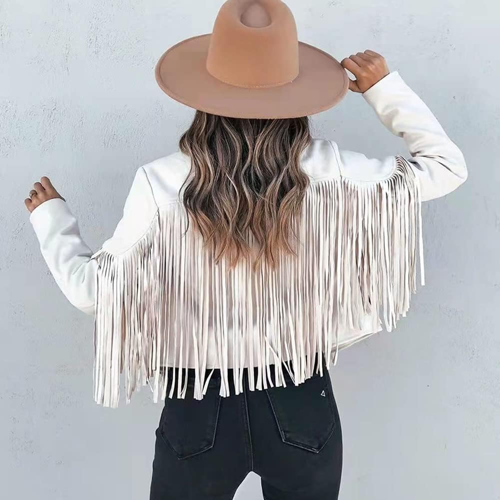 Fringe Faux Suede Leather Jackets for Women Tassel Motorcycle Moto Biker Short Open Front Tassel Coat - Image 5
