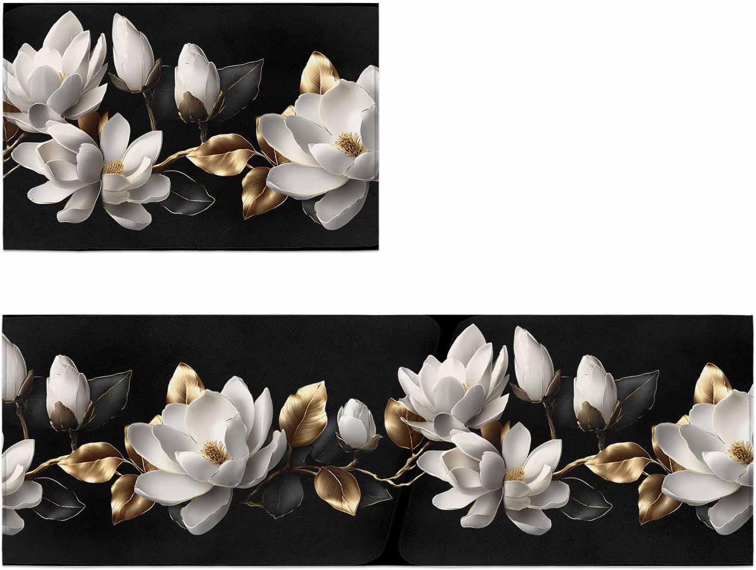Kitchen Mats for Floor Elegant White Magnolias Floral Washable Non Slip Kitchen Rugs 2PCS, Vintage Gold Leaves Flower Absorbent Standing Mats for Sink Office Living Room 15.7x23.6in+15.7x47.2in