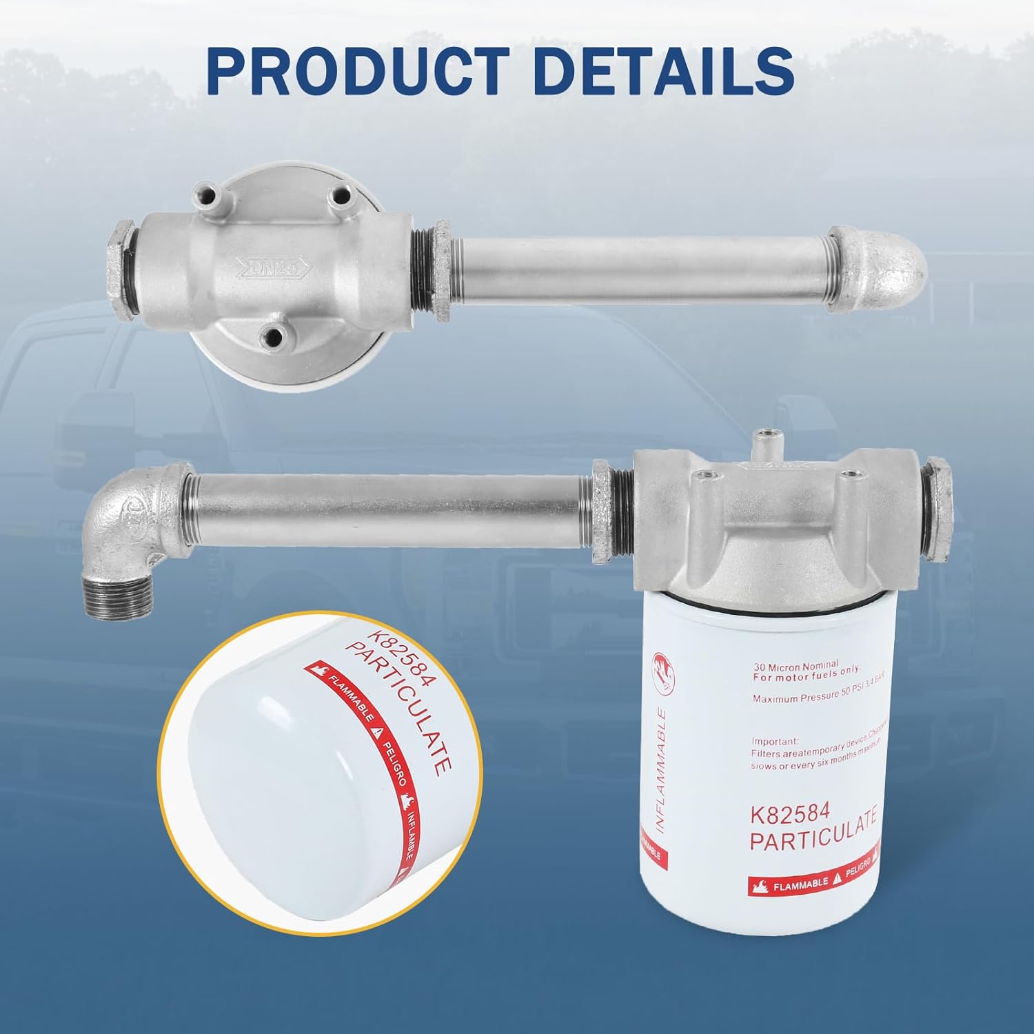 DICMIC High Flow Fuel Filter Kit, 3/4” NPT 25 GPM 30 Micron Spin-on Cartridge Style for Mobile and Stationary Fuel Pump Tank Boat, with Elbow, Nipple and Pipe Extension